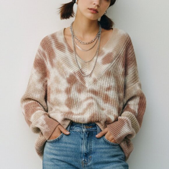 aerie Sweaters - Aerie M Grunge Tie Dye V Neck Oversized Knit‎ Sweater Colorful Cozy Winter Artsy